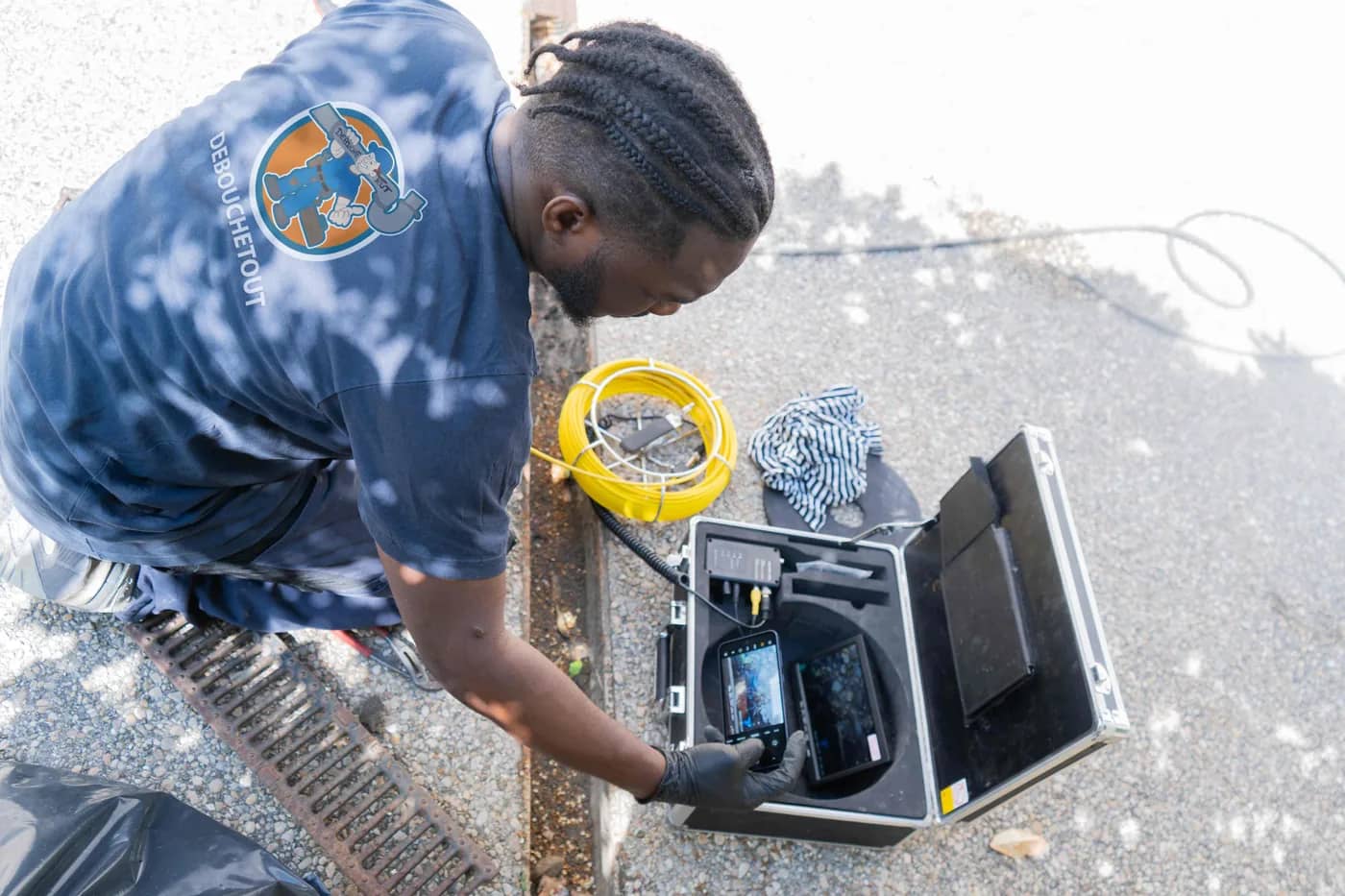 Technicien DEBOUCHETOUT réalisant une inspection caméra de canalisation