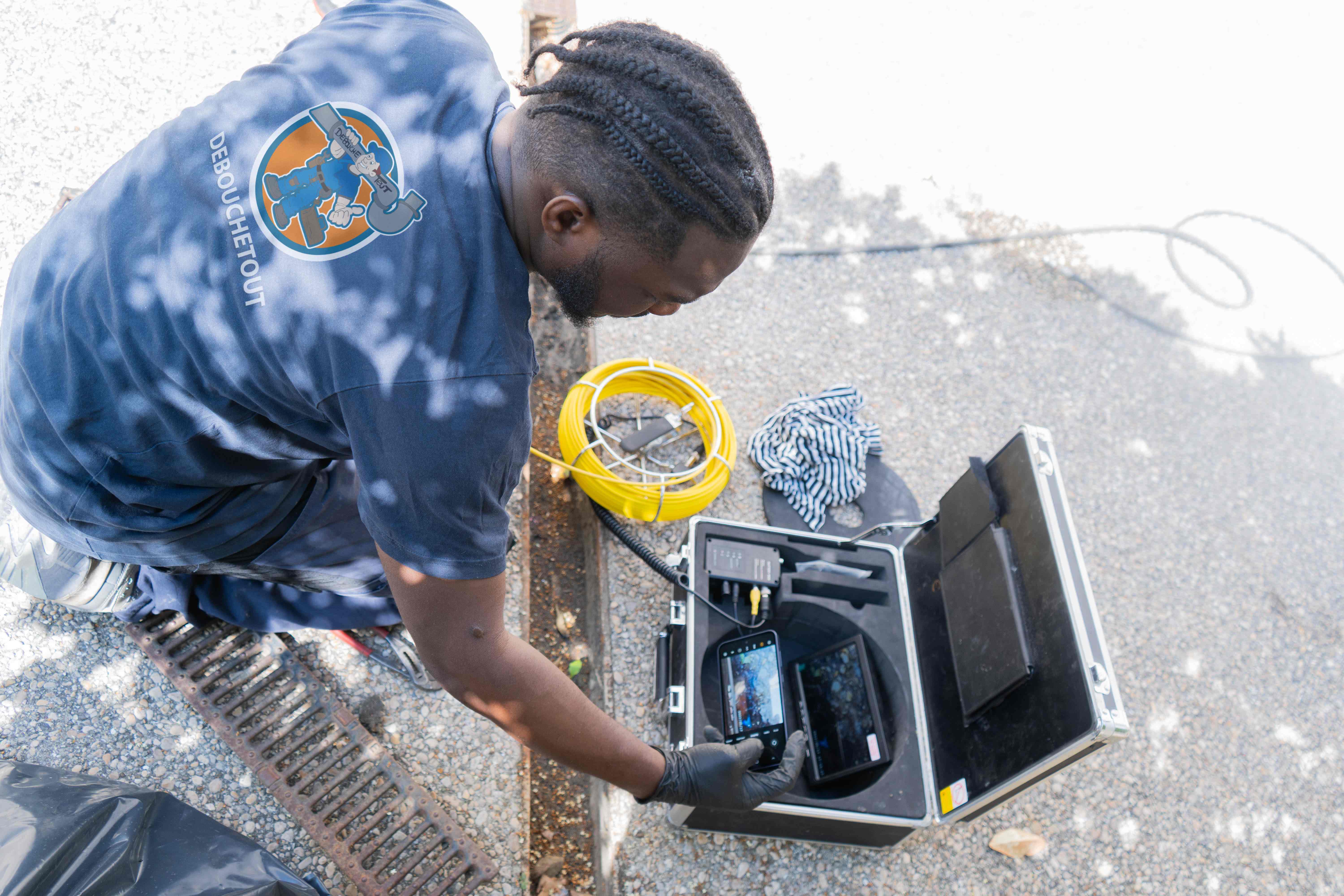 Technicien DEBOUCHETOUT en intervention avec camera d'inspection
